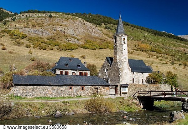 Montgarri Sanctuary and Noguera Pallaresa river Aran Valley Pyrenees mountain range Lerida province Catalonia  Spain  Europe