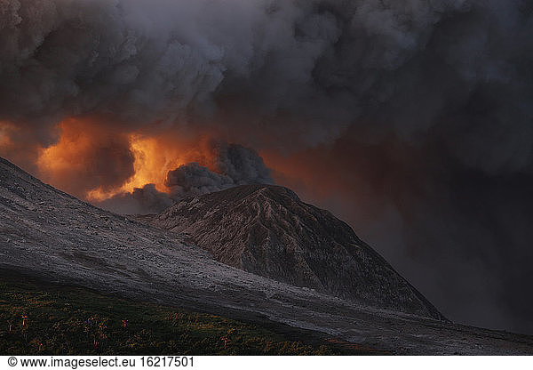 Montserrat  Caribbean  Ash erupting from soufriere hills volcano