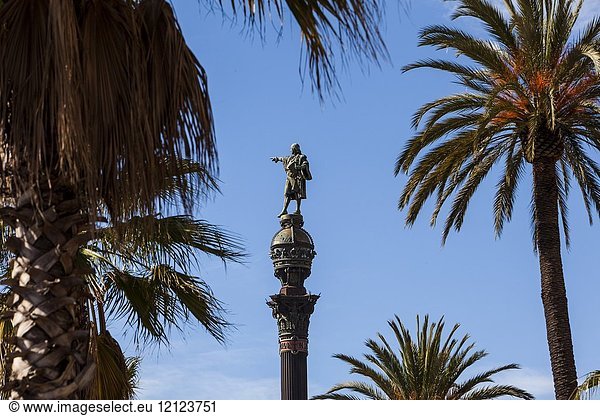 Monument to explorer Christopher Columbus  located in the Plaza de la Pau  Barcelona  Catalonia  Spain.