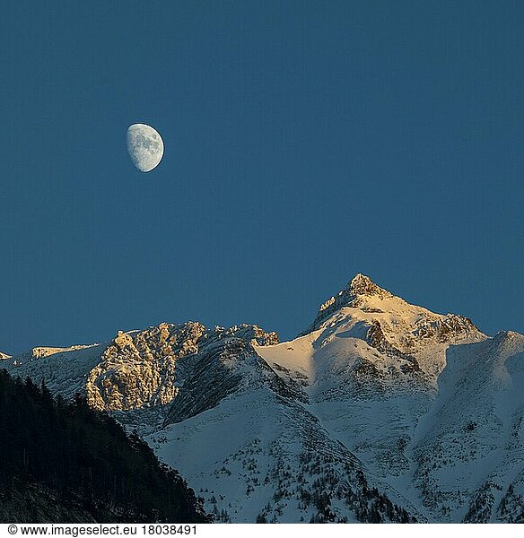 Moon over mountain  Falknis Massif  Balzers  Liechtenstein  Europe