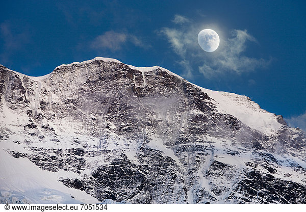 Moon over the Bernese Alps  Grimmelwald  Bernese Oberland  Switzerland  Europe