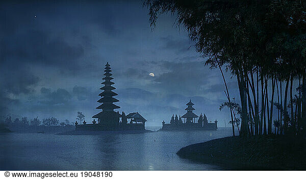 Moon over Ulu Danu temple in Lake Bratan  Bedugul  Bali  Indonesia