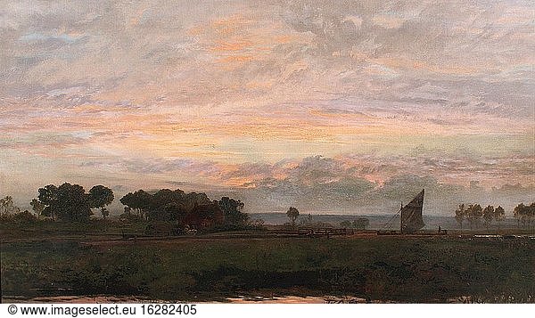 Moore Henry - Sailing Barge at a Lock at Sunset - British School - 19th Century.