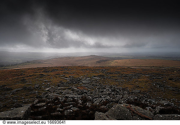 Moorland in Heavy Cloud  Rocks in Foreground  Wide Angle
