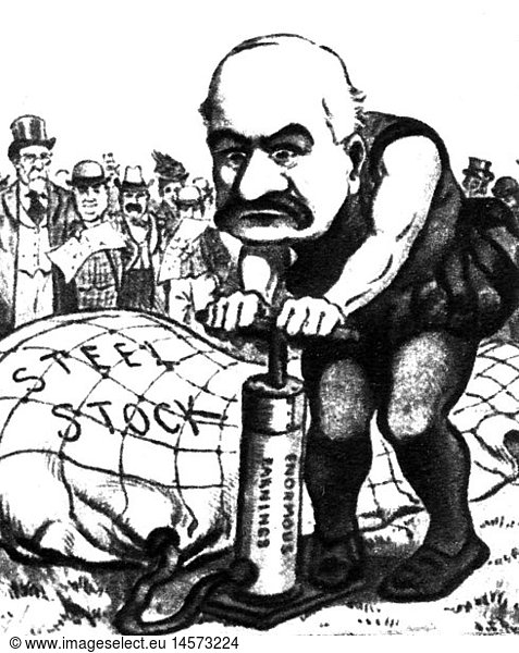 Morgan  John Pierpont Sr.  17.4.1837 - 31.3.1913  American banker and businessman  caricature  pumping up his steel stock  drawing  1901