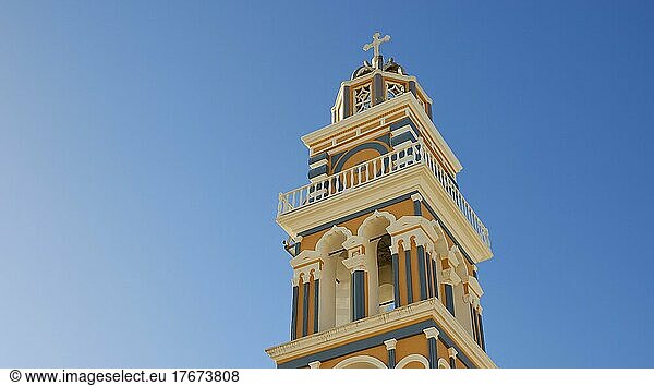 Morning light  blue cloudless sky  bell tower blue and ochre  Catholic Church  John the Baptist  main town Fira  Santorini Island  Cyclades  Greece  Europe