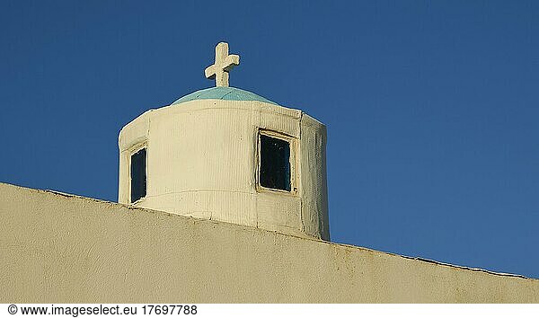 Morning light  blue cloudless sky  round blue and white church tower  detail  Plaka  Milos Island  Cyclades  Greece  Europe