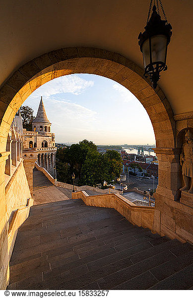 Morning view of Fisherman's Bastion in historic city centre of Buda.