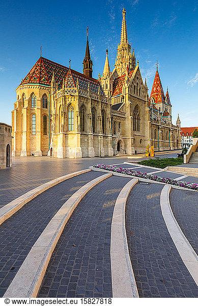 Morning view of Matthias church in historic city centre of Buda.