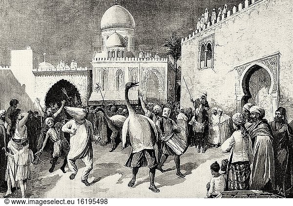 Moroccan customs and traditions carnival in Safi  Morocco  North Africa. Old XIX century engraved illustration from La Ilustracion Espa?ola y Americana 1894.