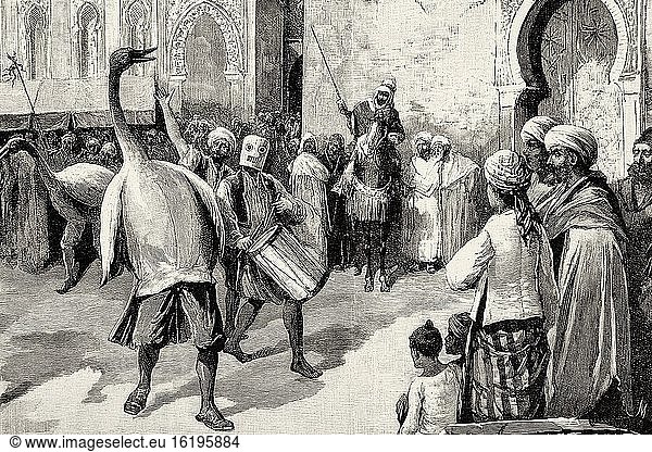 Moroccan customs and traditions carnival in Safi  Morocco  North Africa. Old XIX century engraved illustration from La Ilustracion Espa?ola y Americana 1894.