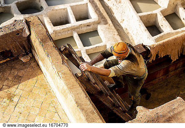 Moroccan man climbing ladder in Fez Tannery