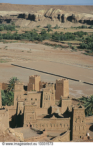 MOROCCO Ait Benhaddou Elevated view over kasbah used in films including Lawrence of Arabia and Jesus of Nazareth.