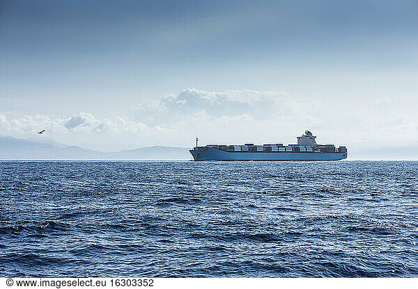 Morocco  Tangier  Cargo ship on Mediterranean Sea