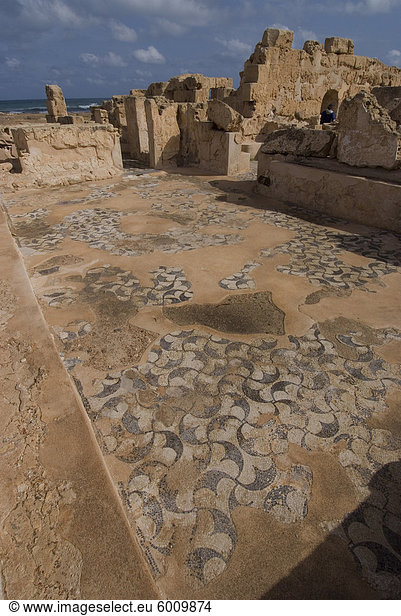 Mosaiken in Theater Thermalbäder  römische Website von Sabratha  UNESCO Weltkulturerbe  Libyen  Nordafrika  Afrika