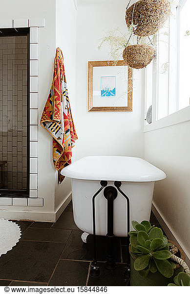 mostly white bathroom with pop of color as interior design inspiration