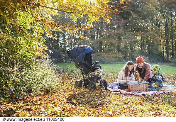 Mother and children looking into basket during picnic in forest