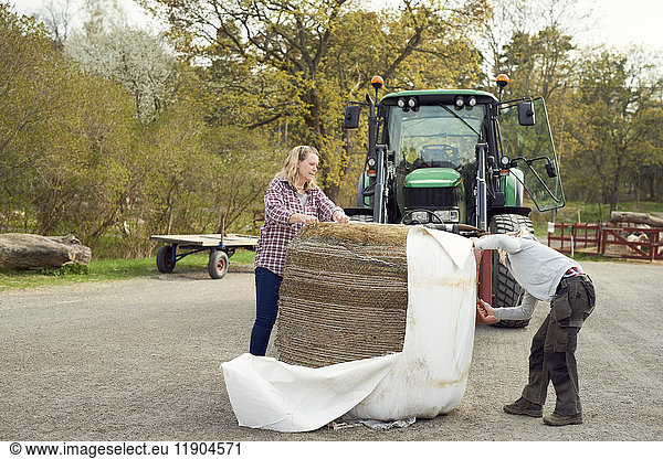 Mother and daughter unwrapping hay bale in farm