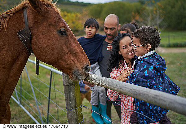 Mother and son looking at horse at fence
