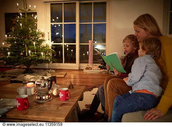 Mother and sons sitting at home at Christmas  reading book