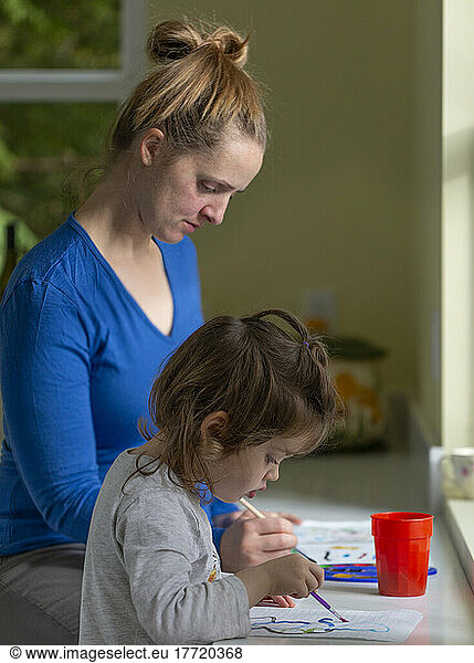 Mother and young daughter painting together with water colours; British Columbia  Canada