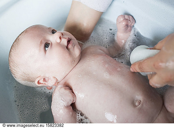 Mother bathing her baby boy in a tub