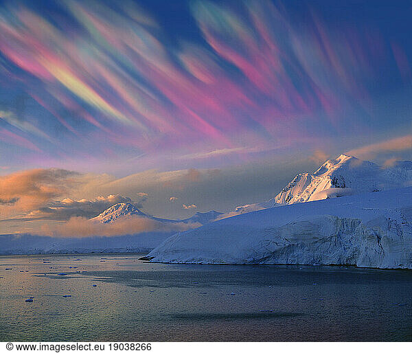 Mother of pearl clouds (nacreous clouds)  Polar Stratospheric Clouds. These clouds indicate global warming.