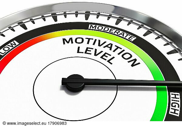 Motivation level concept  gauge gage dial close up with arrow measuring high motivation