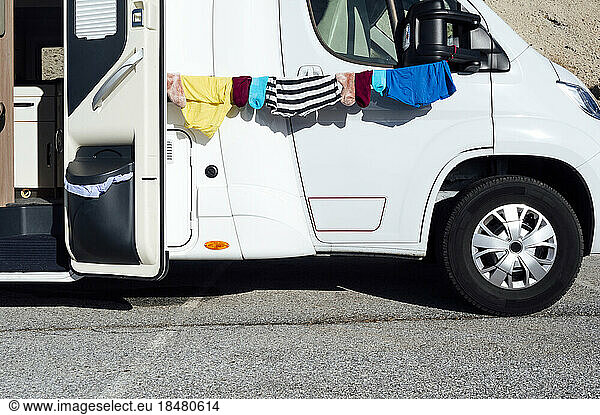 Motor home with clothes hanging on clothesline