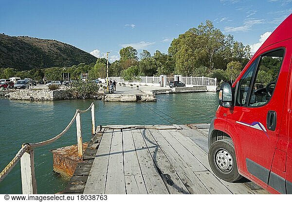 Motorhome rides on ferry  Butrint  Vivar Canal  Albania  Europe