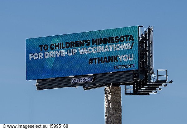 Mounds View  Minnesota  Billboard sign thanking Childrens Hospital for having drive up vaccinations.