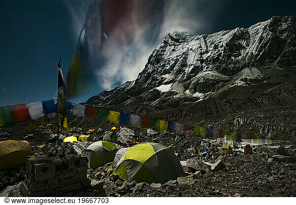 Mount Everest Base Camp at night with Mount Pumori visible on right  Solukhumbu District  Nepal