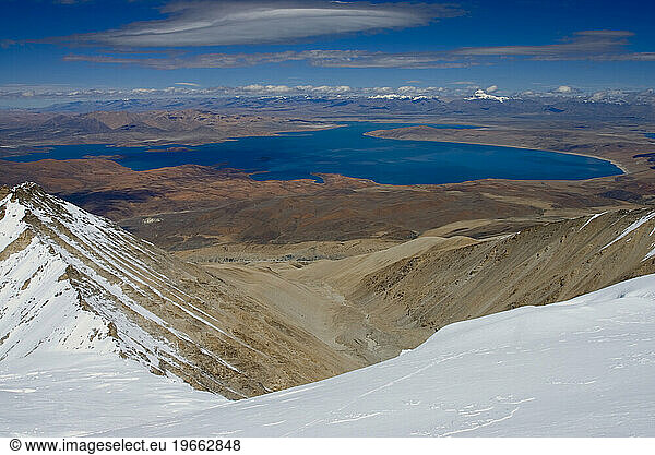 Mount Kailash and Raksas Tal lake from Gurla Mandhata in Tibet.