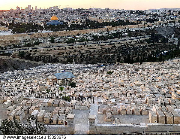 Mount of Olives view over Temple Mount and Mosques of Omar and El Aqsa  Jerusalem  Israel