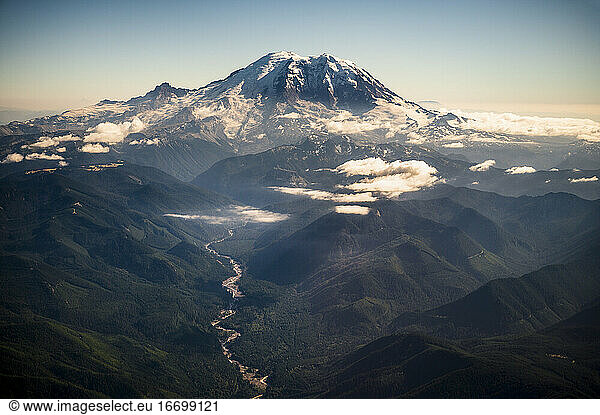 Mount Rainier From A Plane Window With Dramatic Light