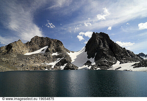 Mount Ritter and Banner Peak as seen from Lake Catherine on the Sierra High Route  CA.