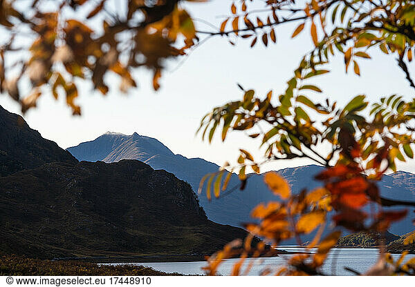 Mountain above lake with fall foliage