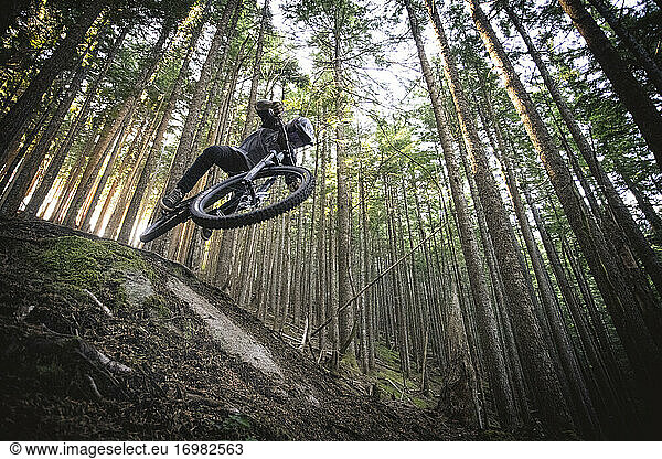 Mountain biker jumps down trails in north bend Washington