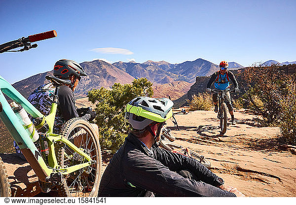 Mountain bikers on The Whole Enchilada trail in Moab  Utah.