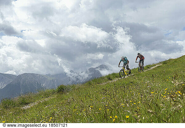 Mountain bikers riding down hill  Trentino-Alto Adige  Italy