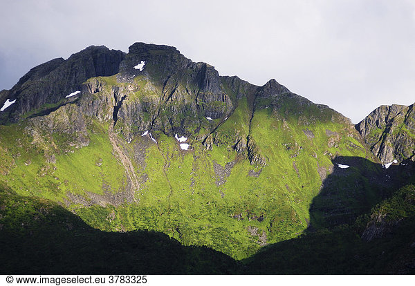 Mountain covered with grass  Flakstadoy  Lofoten  Norway  Scandinavia  Europe
