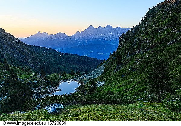 Mountain landscape  evening mood at Lake Gasselsee  Dachstein massif at the back  Styria  Austria  Europe