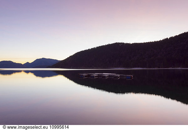 Mountain Landscape Reflected in Lake Walchensee at Dawn  Kochel am See  Upper Bavaria  Bavaria  Germany