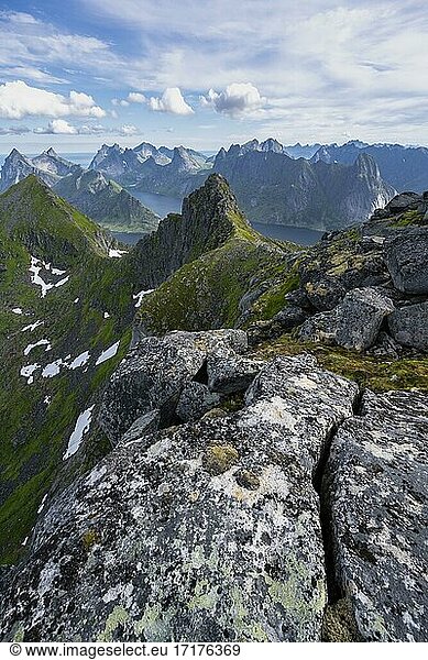 Mountain landscape  view from the top of Munken  Moskenesöy  Lofoten  Nordland  Norway  Europe
