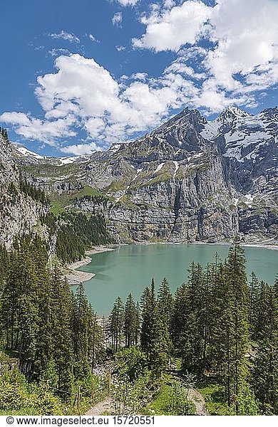 Mountain landscape with Lake Oeschinen and Blüemlisalp  Kandersteg  Bernese Oberland  Canton Bern  Switzerland  Europe