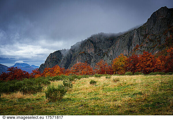 Mountain range landscape in autumn on a cloudy day in Picos de Europa