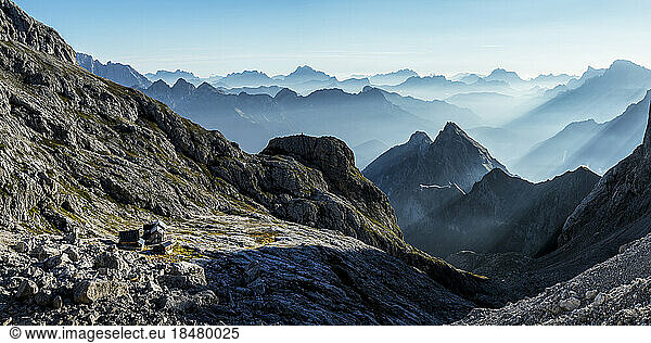 Mountain ranges on sunny day at Rifugio Mulaz  Dolomites  Italy