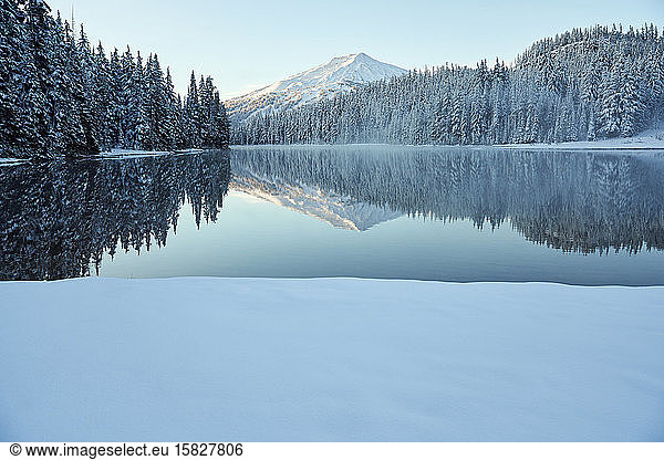 Mountain Reflecting in Lake in Winter with Snow