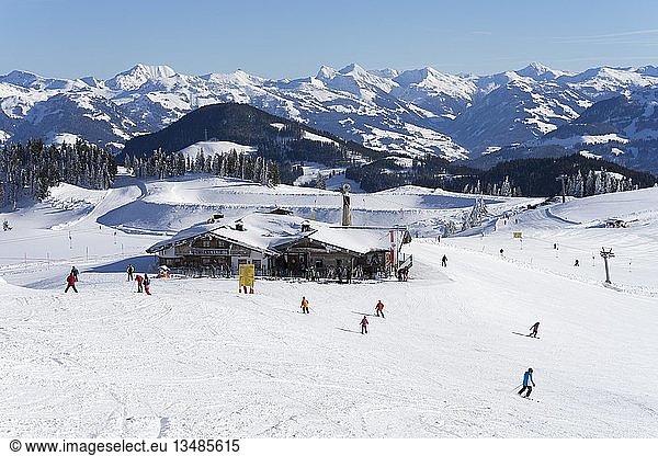 Mountain restaurant ski hut Tanzbodenalm in the ski area Wilder Kaiser Brixental in winter  KitzbÃ¼heler Alps  Tyrol  Austria  Europe