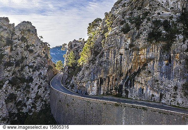 Mountain road Ma-2130 at the Coll de Sa Bataia in the Serra de Tramuntana  aerial view  Majorca  Balearic Islands  Spain  Europe